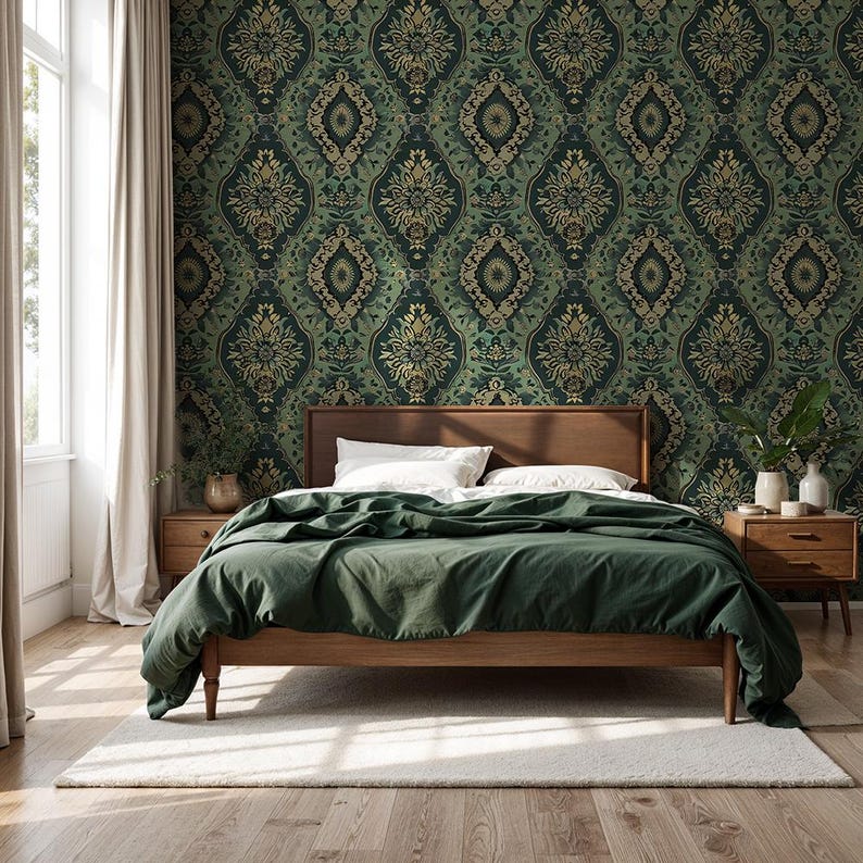 Vintage Green Damask Wallpaper: Ornate Classic Wall Mural for Kitchen ...