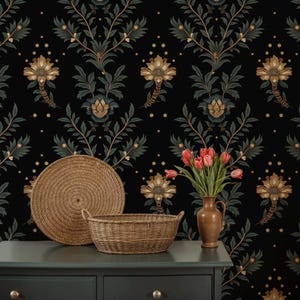 William Morris Inspired Peel and Stick Wallpaper – Moody Vintage Botanical Sage Green Accent for Renters VM501