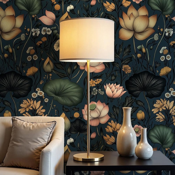 Dark Lotus Wallpaper: Moody Botanical Wallpaper for Elegant Interiors - VM237