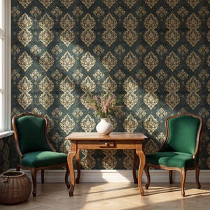 Bring vintage luxury into your home with this bohemian damask wallpaper, combining Gatsby glamour, William Morris patterns, and mid-century charm. The bold green tones and classic design make it ideal for accent walls in bathrooms, bedrooms, or any farmhouse-style space.