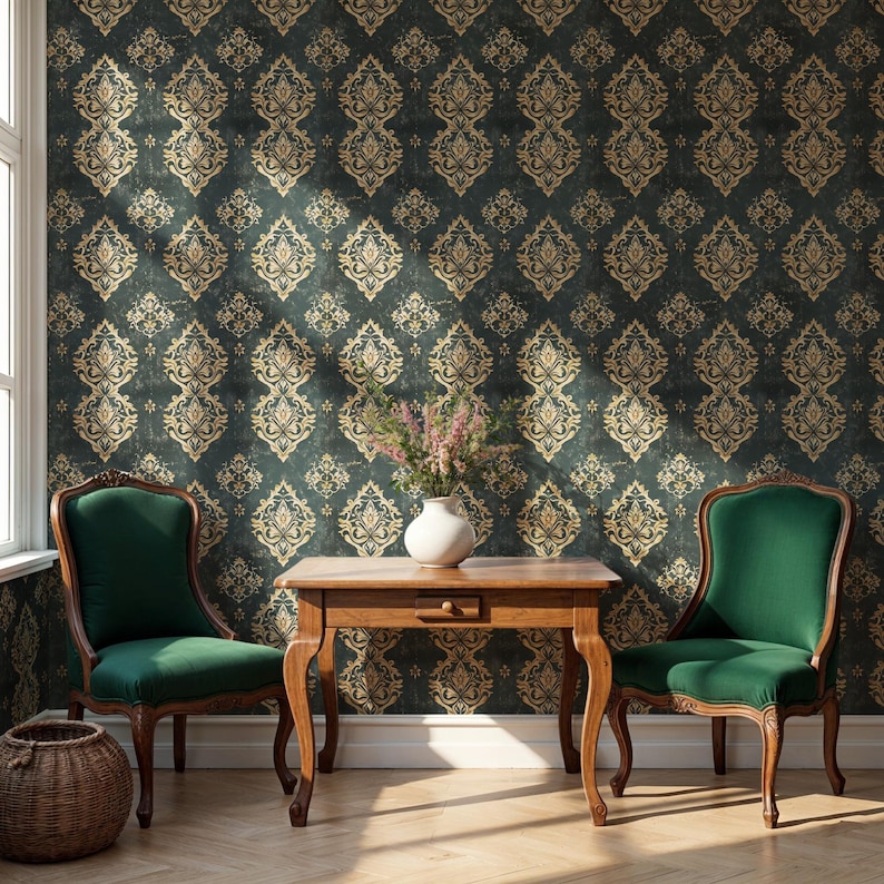 Bring vintage luxury into your home with this bohemian damask wallpaper, combining Gatsby glamour, William Morris patterns, and mid-century charm. The bold green tones and classic design make it ideal for accent walls in bathrooms, bedrooms, or any farmhouse-style space.