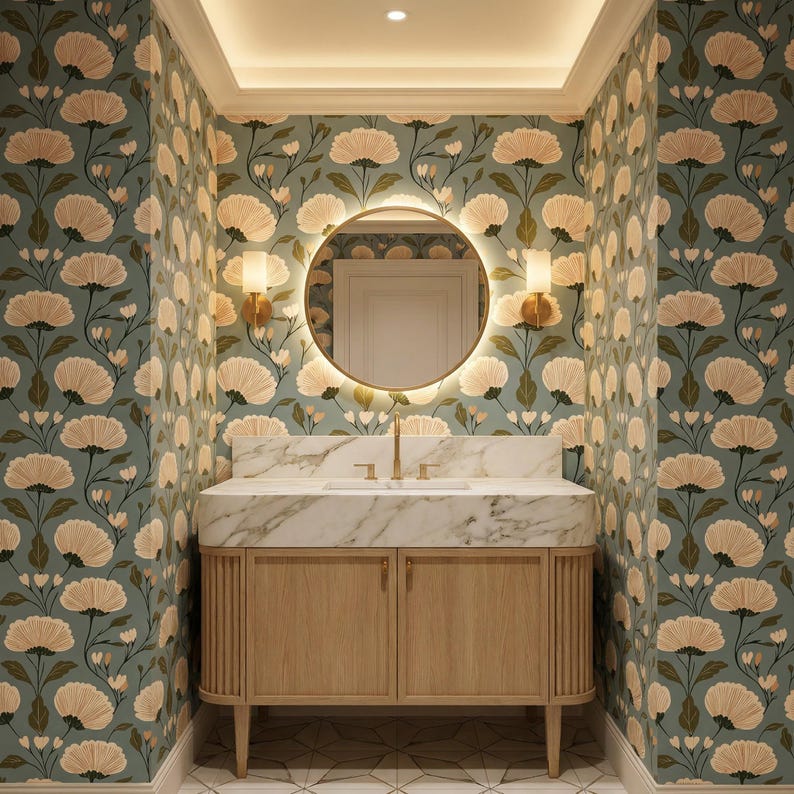 May include: A bathroom interior featuring a light wood vanity with a marble countertop and gold fixtures. A round, illuminated mirror hangs above the sink. The walls are covered in a floral wallpaper with a teal background and cream-colored flowers.