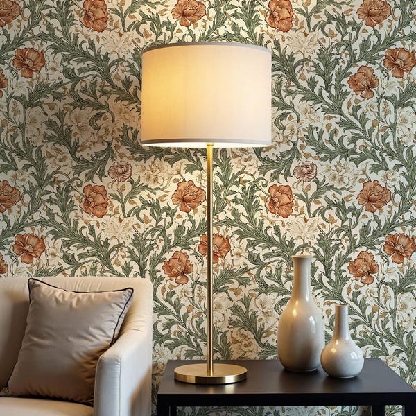 Vintage Floral Wallpaper: Sage Green Botanical Wallpaper for Living Room, Bedroom - VM195