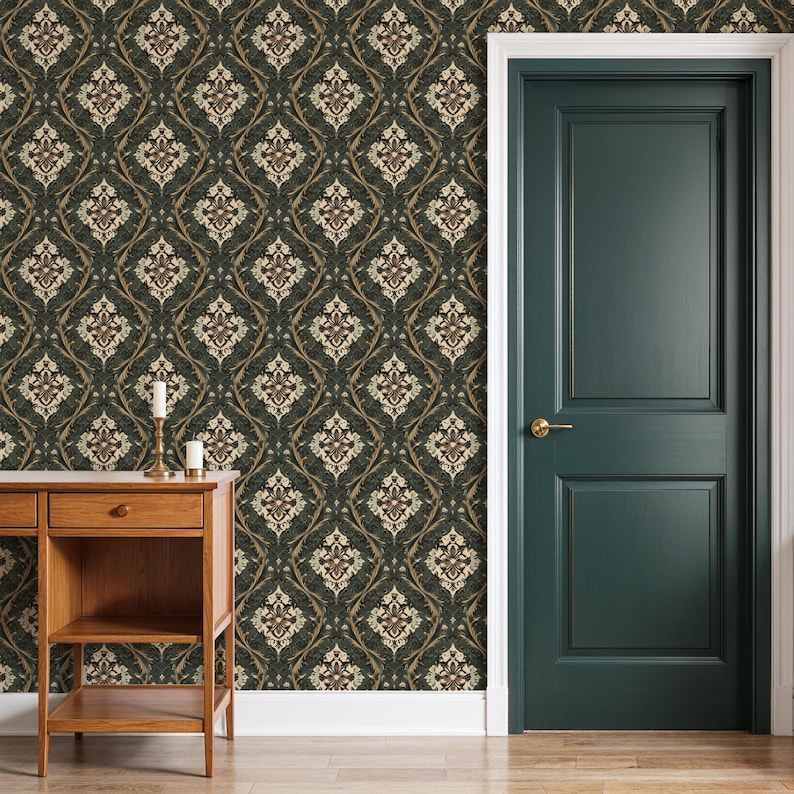 Gatsby Style Sage Green Damask Wallpaper: Vintage Botanical Wall Mural ...