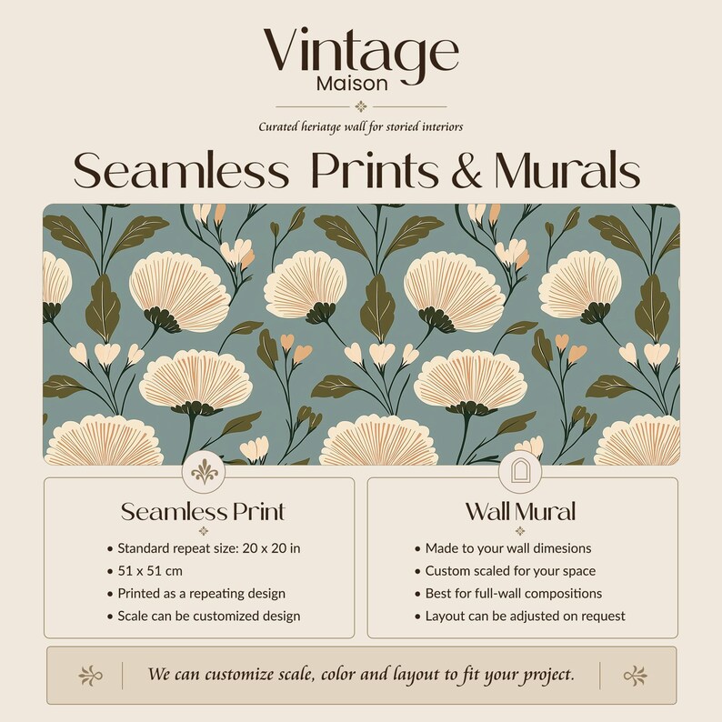 May include: An advertisement for Vintage Maison featuring seamless prints and murals. The design showcases a repeating floral pattern in cream and olive green on a teal background. Text details include standard repeat size of 20 x 20 inches and the ability to customize the design.