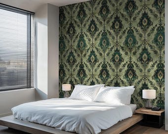 Green Damask Wallpaper: Vintage Ornamental Pattern for Bedroom, Study, Accent Wall - VM143