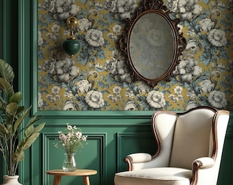 Papel pintado floral mostaza: diseño botánico vintage para dormitorio y recibidor - VM181