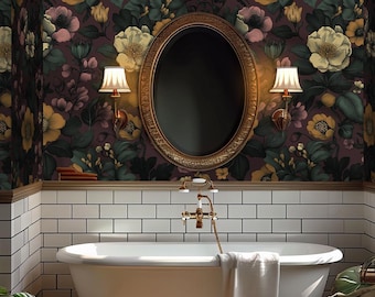 Papel pintado floral oscuro: estampado botánico vintage con un toque melancólico para baño o aseo - VM230