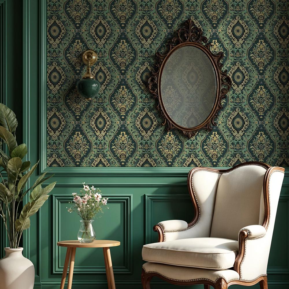 Vintage Green Damask Wallpaper: Ornate Classic Wall Mural for Kitchen ...