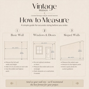 May include: A beige graphic with the text "Vintage Maison" and "How to Measure." It provides a guide for measuring walls, including basic walls, walls with windows and doors, and sloped walls. Instructions and diagrams are included.
