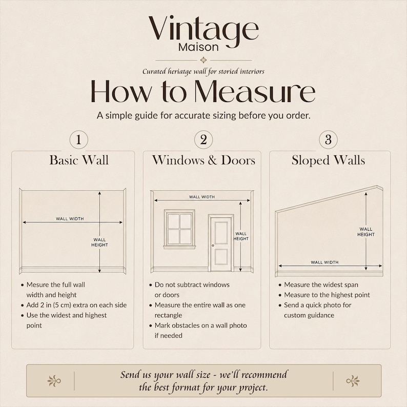 May include: A beige graphic with the text "Vintage Maison" and "How to Measure." It provides a guide for measuring walls, including basic walls, walls with windows and doors, and sloped walls. Instructions and diagrams are included.