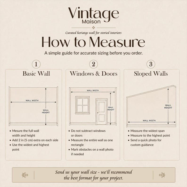 May include: A beige graphic with the text "Vintage Maison" and "How to Measure." It provides a guide for measuring walls, including basic, window/door, and sloped wall types. Diagrams illustrate measurement points.