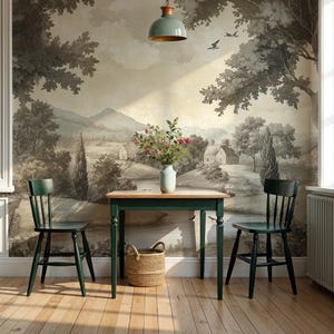 Elegant Green Landscape Wall Mural – Vintage Tapestry Wallpaper, Scenic Farmhouse Decor, Classic Nature Wall Art VM63