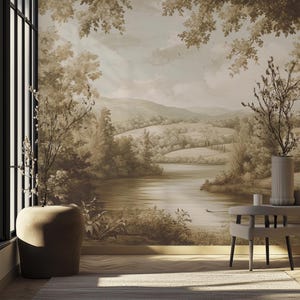 Panoramic Green Landscape Mural – Removable Vintage Wallpaper, Scenic Wall Covering, Farmhouse Decor VM69