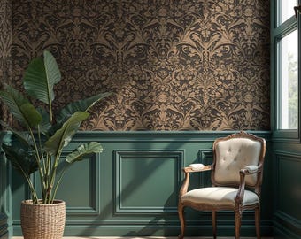 May include: A room with dark brown and gold floral wallpaper, green wainscoting, and a wooden floor. A wicker basket holds a large plant. A vintage chair with a cream-colored seat sits in the corner.