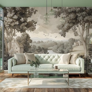 Panoramic Green Landscape Mural – Removable Vintage Wallpaper, Scenic Wall Covering, Farmhouse Decor VM70