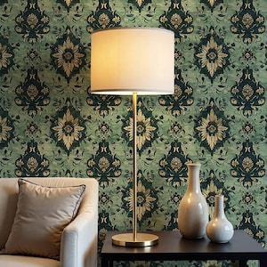 Vintage Green Wallpaper – Removable Art Nouveau Wall Mural for Cottage & Bathroom Wall Decor VM150
