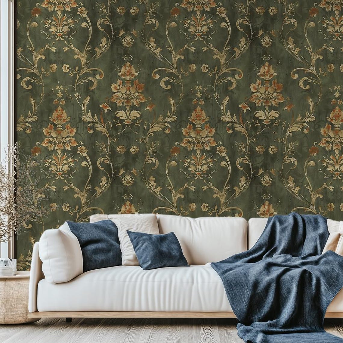 Vintage Damask Wallpaper: Dark Green Ornamental Wallpaper for Living ...