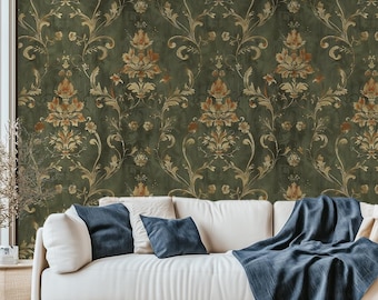 Vintage Damask Wallpaper: Dark Green Ornamental Wallpaper for Living Room and Bedroom - VM130