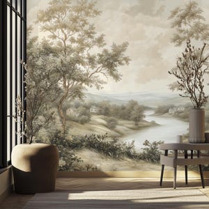 Removable Green Landscape Mural Wallpaper – Vintage Tapestry Wall Covering, Farmhouse & Cottage Decor VM72