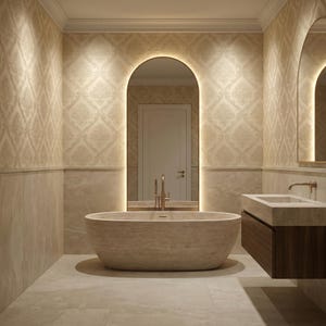 May include: A luxurious bathroom with a stone bathtub, a floating wooden vanity, and a large arched mirror with integrated lighting. The walls feature patterned wallpaper and neutral-toned tiles, creating a spa-like atmosphere.