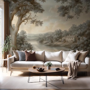 Panoramic Green Landscape Wall Mural – Vintage Wallpaper, Scenic Wall Covering for Farmhouse & Cottage Decor VM76