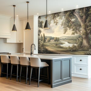 Panoramic Green Landscape Mural – Nature Wall Covering for Farmhouse, Vintage Wallpaper with Classic Charm VM64