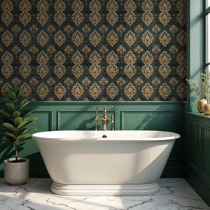 Bring vintage luxury into your home with this bohemian damask wallpaper, combining Gatsby glamour, William Morris patterns, and mid-century charm. The bold green tones and classic design make it ideal for accent walls in bathrooms, bedrooms, or any farmhouse-style space.