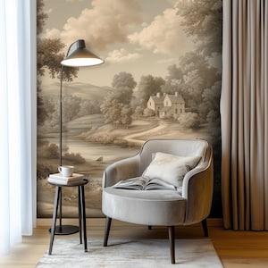Vintage Nature Landscape Mural – Removable Green Wallpaper, Antique Scenic Wall Art, Farmhouse Style VM68