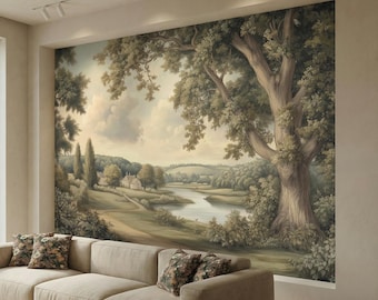 May include: A large mural depicting a serene landscape with a river, trees, and a cloudy sky. The mural is mounted on a wall above a beige sectional sofa with patterned throw pillows. The color palette is muted, with greens, browns, and beige tones.