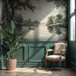 Antique Botanical Wall Mural – Green Nature Landscape Vintage Wallpaper, Scenic Farmhouse Wall Art for Renters VM62