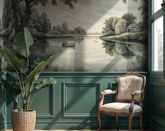 Vintage Landscape Wall Mural: Moody Lake Scene Wallpaper for Living Room and Study - VM62