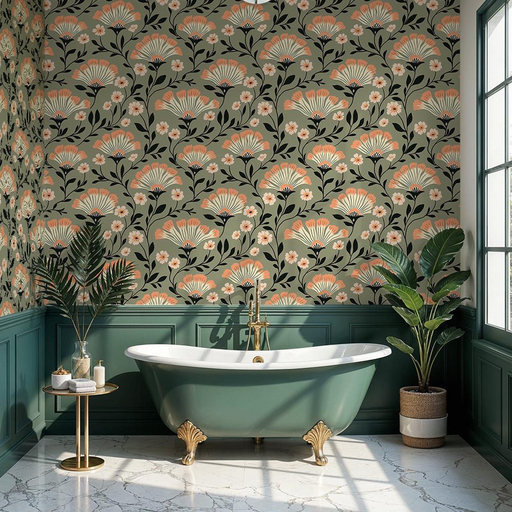 Art Deco Floral Wallpaper: Vintage Botanical Wallpaper in Sage Green