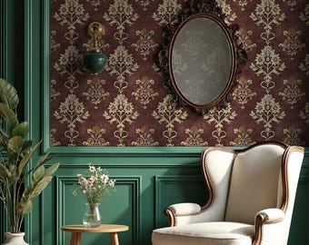 May include: A burgundy wallpaper with a gold floral pattern. The wallpaper is in a room with a green wainscot, a white armchair, and a gold-framed oval mirror.