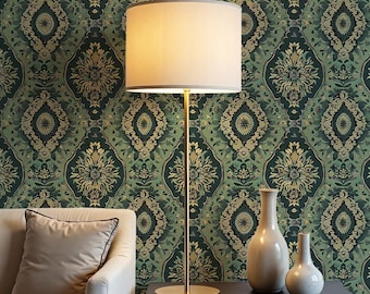 Green Damask Wallpaper: Vintage Ornamental Wallpaper for Living Room & Bedroom - VM116