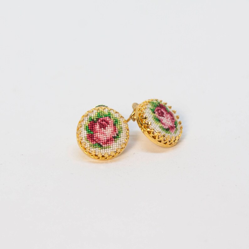 Petit Point Starter Kit Stud Earrings With Tiny Roses Etsy Israel