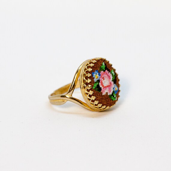 Terracotta circle ring with rose. Petit point embroidery in | Etsy