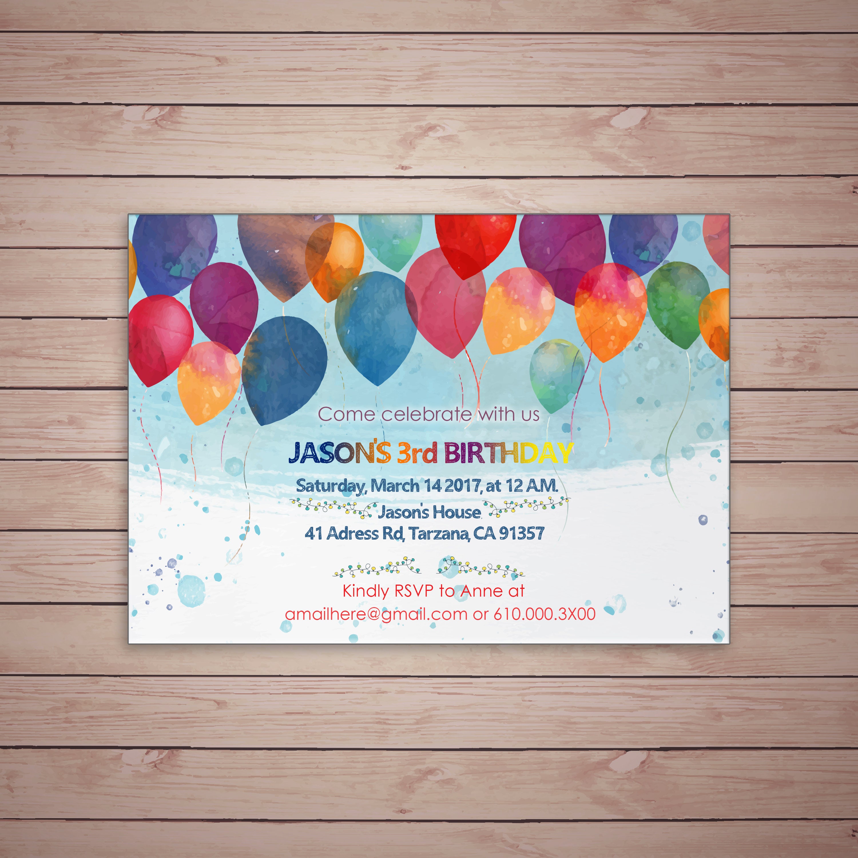 CUSTOM Balloon birthday invitation watercolor birthday Etsy