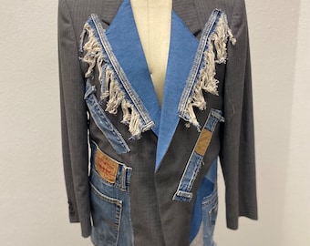 Reworked Upcycle long sleeve Pinstriped Gray men’s  Blazer, With Denim .