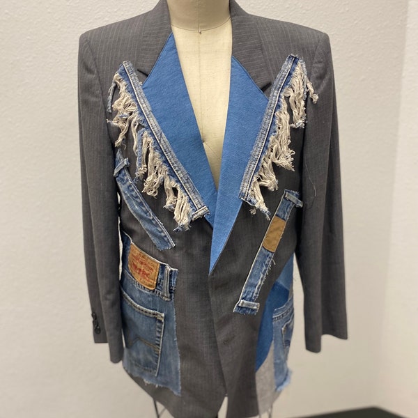 Reworked Upcycle long sleeve Pinstriped Gray men’s  Blazer, With Denim .