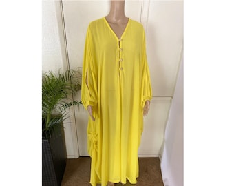 Luxury Maxi Runway  Kraftan, Kimono, Tunic Dress,  Resortwear Yellow Button Front.