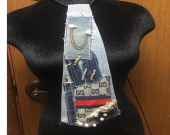 Maybe Name Brand, Upcycle  Denim Necklace Necktie,  GG  Lettering Print.All ties made will be different due to fabric choices. 15 inches.