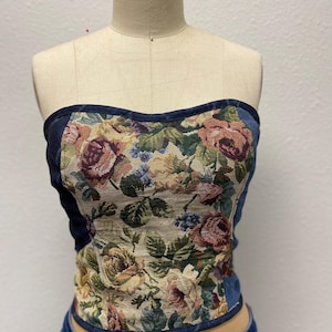 Deconstructed Structured Upcycled/handmade Floral And denim corset top, summer outfit
