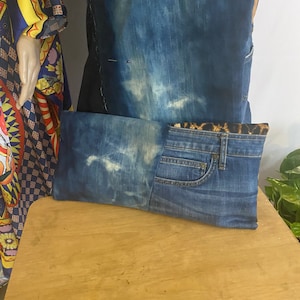 Denim Fold Over Clutch Purse, 16X11” Animal Print Denim, Denim upcycle Jeans Bag