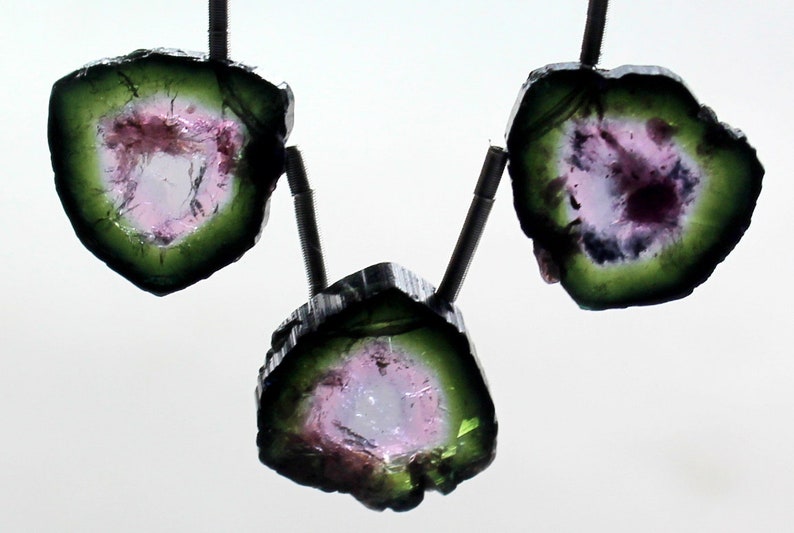 Natural Tourmaline Gemstone Watermelon Drilled Tourmaline Cabochon Slice Bio Tourmaline Slice Jewelry Making Cabochon Drilled Slice 3Pcs
