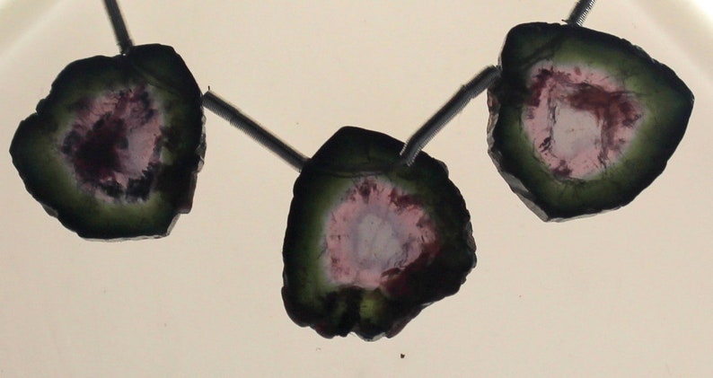Natural Tourmaline Gemstone Watermelon Drilled Tourmaline Cabochon Slice Bio Tourmaline Slice Jewelry Making Cabochon Drilled Slice 3Pcs