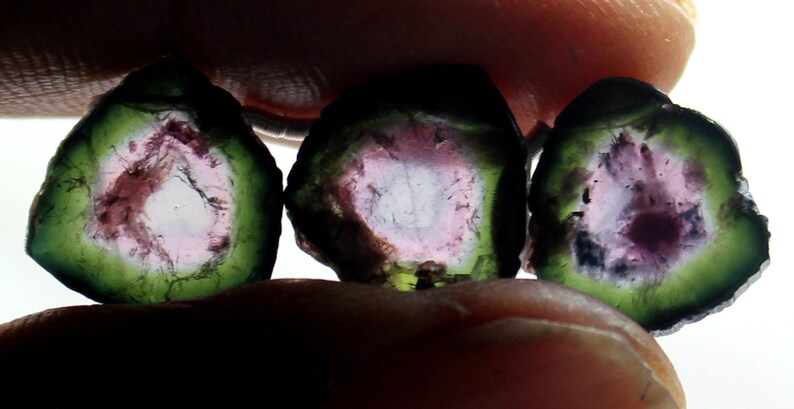 Natural Tourmaline Gemstone Watermelon Drilled Tourmaline Cabochon Slice Bio Tourmaline Slice Jewelry Making Cabochon Drilled Slice 3Pcs