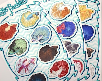 Amigos do Betta | Cartela de Adesivos de Vinil para Peixes Betta | Conjuntos nº 1-3