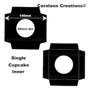 Puede incluir: Plantilla imprimible en blanco y negro para una caja de cupcake individual. La plantilla tiene 140 mm de ancho y un círculo de 60 mm de diámetro para el cupcake. El texto "Single Cupcake Inner" está impreso debajo de la plantilla.