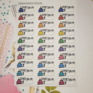 May include: A sheet of colorful stickers with the text "TITHES given" and a small church illustration on each sticker. The stickers are arranged in three columns.